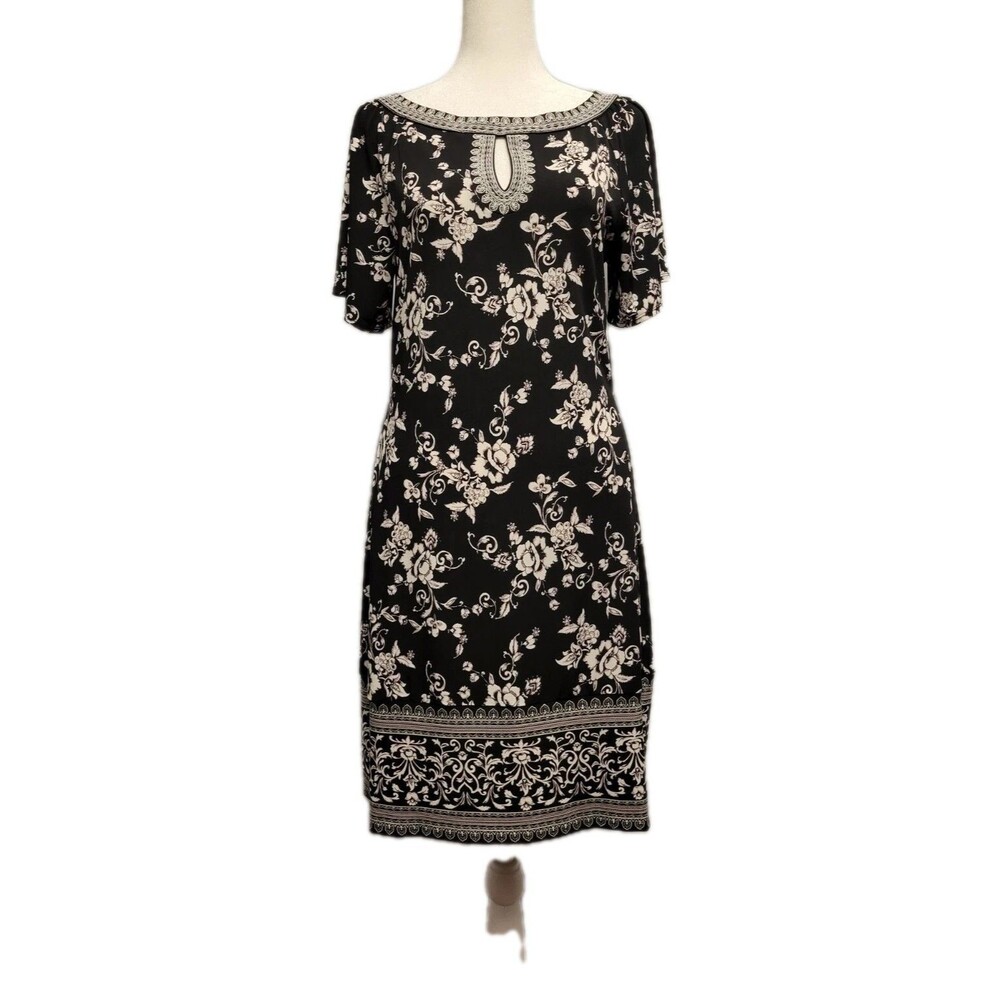 White House Black Market Sheath Dress Womens Small Floral Flutter Sleeve Keyhole